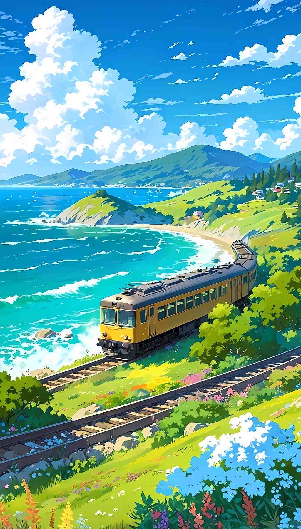 Azure Coast Express: A Ghibli-esque Journey - HD Wallpaper 2944x5176
